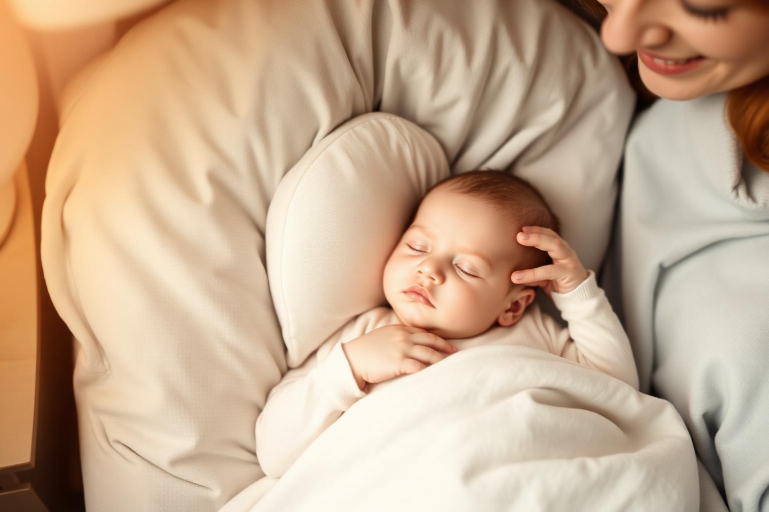 Madre sonriendo junto a su bebé que duerme tranquilo