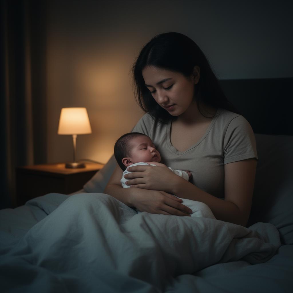 Madre cansada con su bebé en la noche